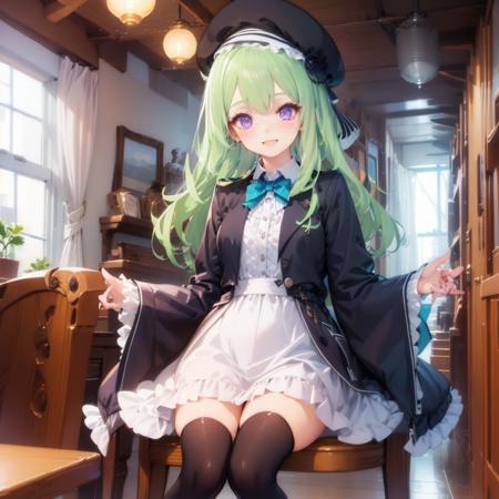 <lora:ennafol_v2:1>1girl,solo,((medium breasts)),purple_eyes,best_quality,masterpiece,purple_eyes,very_long_hair,blue_rose,coat,dress_shirt,black_jacket,frills,collared_shirt,indoors,cafe,table,cake,,beret,black_headwear,blue bowtie, long_sleeves,collared,smile,:D,open_mouth,((open_clothes)),center_frills,frilled dress,beret,ennafol,black_jacket,coat, open jacket,generaloutfit,white dress, flat chest,looking at viewer, sitting,hair,thighhighs, <lora:envybetterhandsLocon_beta2:1>,green_hair,petite