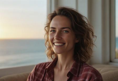 A meticulously detailed, hyper-realistic studio portrait of Olivia, a 35-year-old woman with sun-kissed skin and bright green eyes. She has a slim, oval, delicately contoured face with high cheekbones, a narrow jawline, and a subtle V-shaped chin. Her wavy, short-length light brown hair is casually tousled, framing her naturally beautiful face. Her skin has realistic texture: visible pores, soft natural wrinkles, gentle laugh lines, and minor imperfections that enhance authenticity. She wears a lred button up shirt an a warm, genuine smile with slightly imperfect teeth. She seats in a warm living room, facing the sunset, and ocean,through a Bow White Wooden window, captured with an 85mm lens at f/4, with natural color grading and an unedited RAW film look — inspired by Kodak Portra 400. No makeup retouching, no plastic effect, no artificial smoothing.