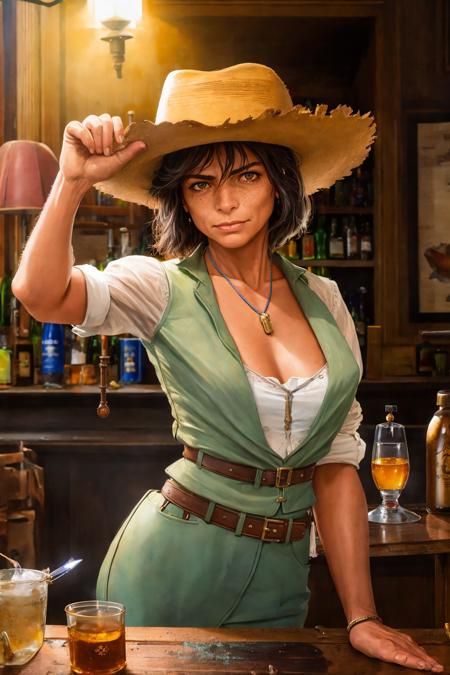 (60 year oldwomanl:1.2), brazilian girl, masterpiece, best quality, fedora, serious face, 1920's speak-easy, bar, pub, (fancy suit:1.1), subsurface scattering, beautiful lighting, bandolier, explorer, satchel, sneer, detailed face and eyes, detailed skin, (freckles:0.8), extremely smug, (art by frederic remington and bob byerley:1.1), (workshop:1.1), intricate detail, hyper detailed, ultra realistic, sharp focus, octane render, volumetric, ray tracing, artstation trending, cgsociety, sense of awe, mystical, 4k, High Saturation Clarity Contrast, deep levels, sharp, retouched, color graded, soft lighting