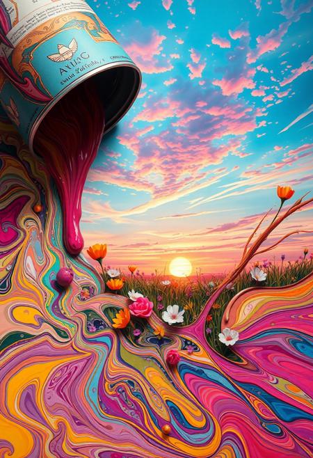 A hyper-stylistic, extremely detailed image depicts a spilled can of paint, its contents spreading out across the floor in a vibrant, chaotic mess. But as the paint flows, it coalesces into a stunning work of art, a masterpiece of color and composition. Within the swirling patterns and shapes, a breathtaking sunset-filled meadow emerges, complete with delicate, colorful flowers that seem to dance in the fading light. The sky above is a kaleidoscope of pinks, oranges, and purples, with a few wispy clouds drifting lazily across the horizon. Every detail of the scene is meticulously rendered, from the intricate, textured patterns of the paint to the delicate, nuanced colors of the flowers. The overall effect is one of joyful, whimsical wonder, as if the viewer has stumbled upon a hidden treasure of artistic genius, created by the happy accident of a spilled can of paint. highest-Quality, intricate details, visually stunning, Masterpiece