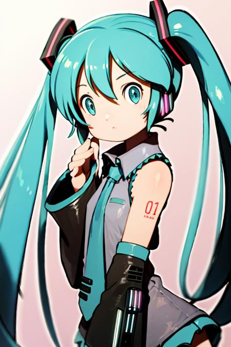 ,masterpiece, best quality,<lora:style08:1>,1girl,long hair,hatsune miku, green hair,twintails, headgear,