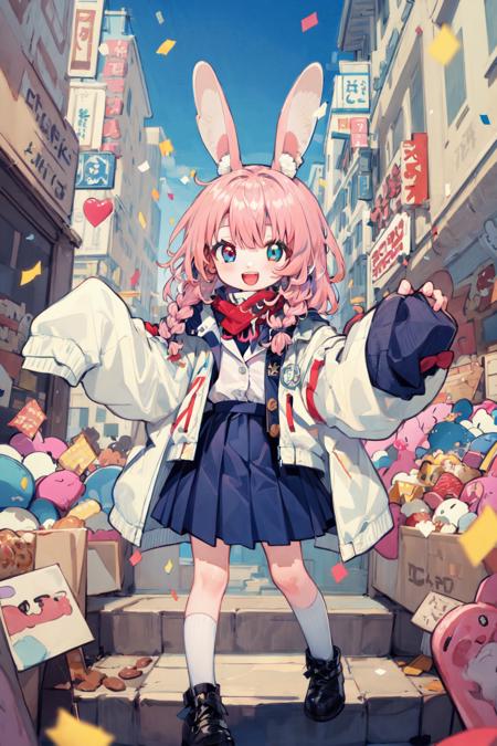 masterpiece, best quality, extremely detailed, detailed background, detailed face, 1girl, heterochromia, skirt, pink hair, scarf, blue eyes, braid, twin braids, animal ears, smile, rabbit ears, food, pleated skirt, rabbit, red eyes, open mouth, solo, long sleeves, doughnut, blue skirt, bangs, long hair, white shirt, shirt, :d, looking at viewer, teeth, jacket, confetti, bow, fake animal ears, >_<, upper teeth only, ribbon, open clothes, white jacket, sleeves past wrists, heart <lora:GachaSplash4:0.5> <lora:candy128dim-epoch-000007:0.4> <lora:Retsina128dim-epoch-000008:0.6> 