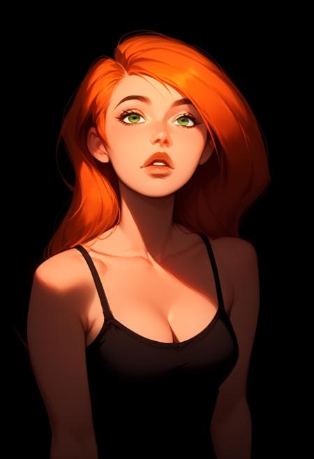 1girl, kim possible, lips, thin lips, parted lips, solo, looking at viewer, camisole, upper body, dark, underlightling, masterpiece, best quality, very aesthetic, <lora:sdxl_ponyv4_noob1_2_adamW-000017:1>, <lora:sdxl_Kim_Possible:1>, <lora:sdxl_Underlighting Underlight light from below style:0.5>, black background, simple background, (source_anime:0.5), <lora:sdxl_longneck-v2.1:-2>, <lora:sdxl_DarkerThanDarkV1:0.9>, from above, head tilted up, cleavage, looking at camera, looking at viewer, <lora:sdxl_S1_Dramatic_Lighting_v2:0.4>, <lora:sdxl_real_model2:0.2>, score_9, score_8_up, score_7_up, score_6_up, score_5_up, score_4_up