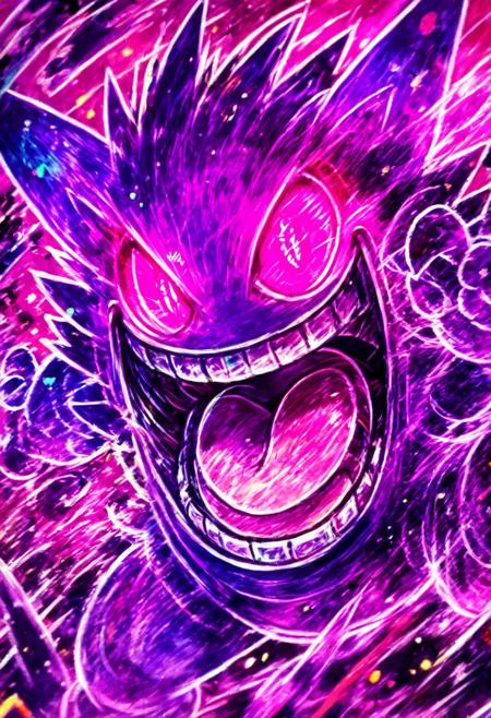 score_9, score_8_up, score_8,
gengar, no humans, gengar, :d, blurry, creatures (company), game freak, gen 1 pokemon, glowing, glowing eyes, kaosu (kaosu0905), nintendo, no humans, open mouth, pink eyes, pokemon, pokemon (creature), signature, smile, solo, teeth, tongue, tongue out