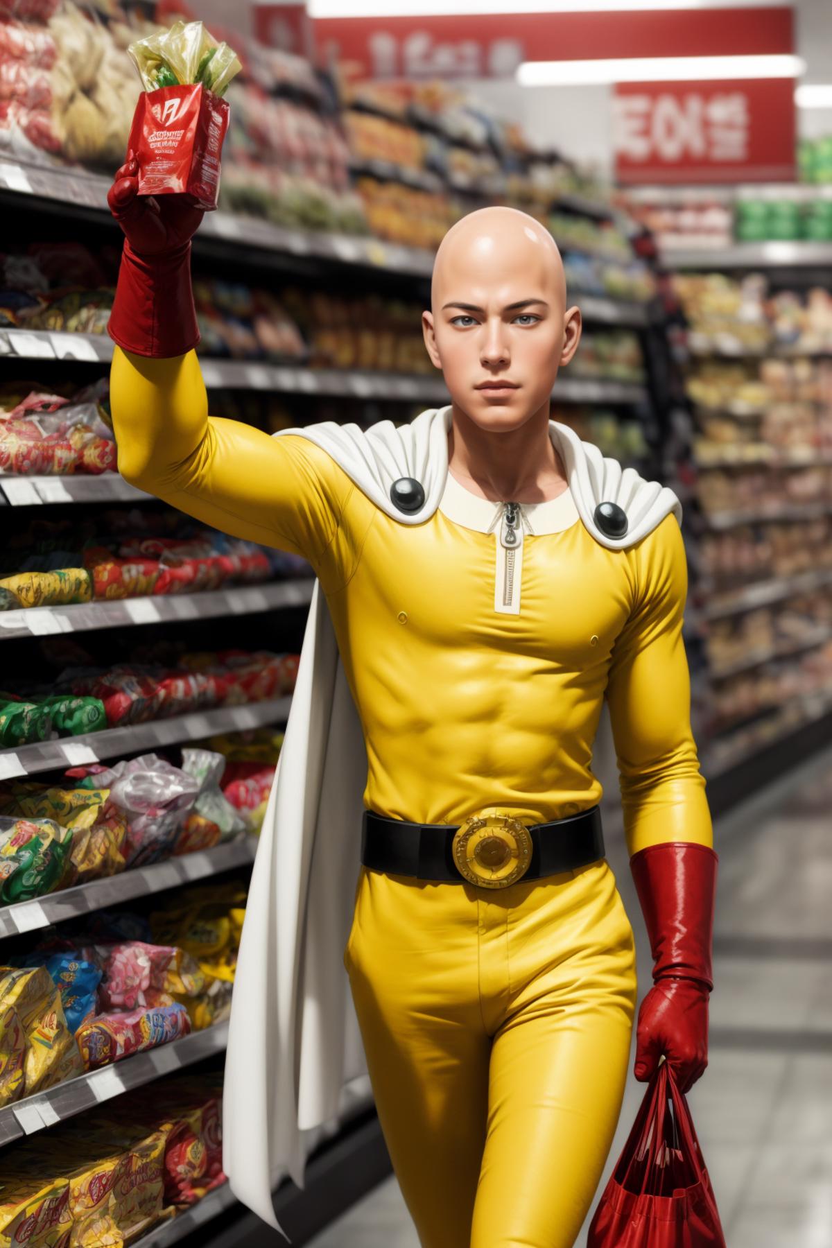 A man in a yellow and white costume is walking through a store.