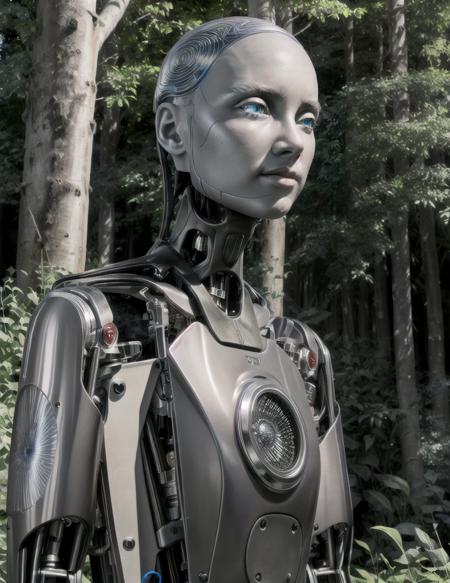 intricate detailed, (highres:1.3), (masterpiece:1.3), wide shot, best quality, (perfect body, perfect face, perfect eyes:1.2), (no humans:1.3), (beautiful face:1.3), detail description of robot, HDR, an extremely delicate mechanical body, detailed CG, 8k resolution, distinct image, <lora:Ameca1:0.65>, aesthetic, (realistic:1.4), quiff hair, (black hair:1.3), a core on robot's chests, science fiction, (ameca:1.5), shiny skin, chrome metal, (mechanical parts:1.4), (machine:1.4), glowing eyes, (robot girl:1.4), (metallic texture:1.4), (android:1.4), grey face,  (ð¤:1.5), blue pupils, (curious:1.3), robot neck, (titanium texture:1.5), polishing, fighting stance, titanium, (robotic reveal:1.5), cable, robotic limb, A dense forest emerges, where towering trees create a canopy, dappling sunlight that filters through the lush foliage, while a myriad of wildlife adds vibrant bursts of movement and color., Canon EOS 450D, ultra sharp focus, cinematic lighting, dramatic shadow, depth of field, best illumination, floating, airbrush, sci