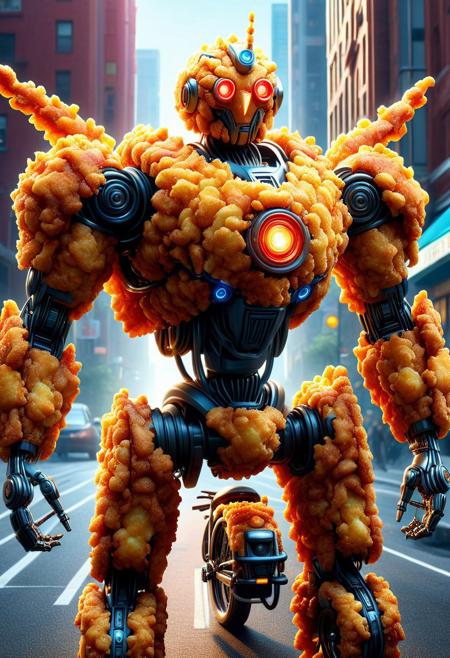 Ultrarealistic. sharp focus, dynamic lighting. play of light, Raytracing, Ultra detailed. (((DFC Style))). A giant robot made of deep fried & crispy breading riding a tiny bicycle in a technicolor world.