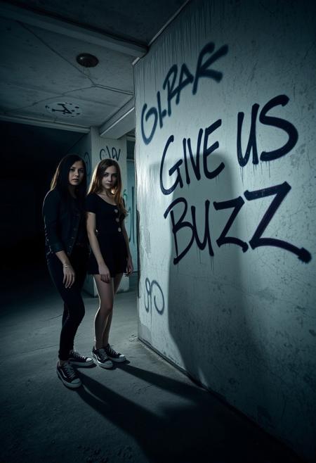 “A moody and atmospheric scene featuring two young women in an abandoned, dimly lit urban space with graffiti-covered walls. The girls are dressed casually, with a slight punk or alternative vibe, wearing dark clothes and sneakers. On one wall, a bold, decayed writing reads ‘GIVE US BUZZ,’ scrawled in large, uneven letters as if done hastily. The lighting casts dramatic shadows, emphasizing the texture of the peeling paint and cracked concrete. The mood is mysterious and edgy, with a sense of urban decay and rebellion.”