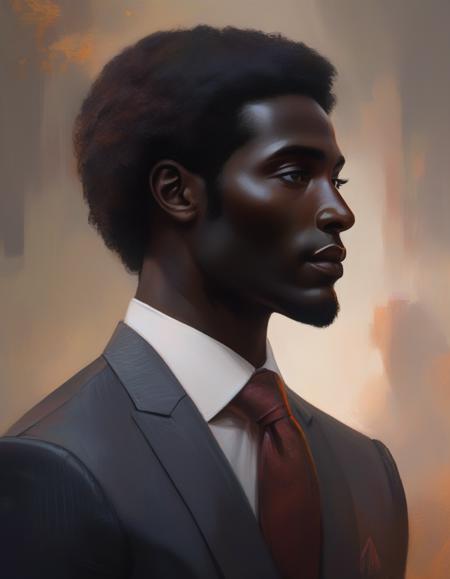 best quality, masterpiece, detailed background, office, man wearing a suit, very dark skin, african, short hair, stubble, (business suit:1.5), grin, 1boy