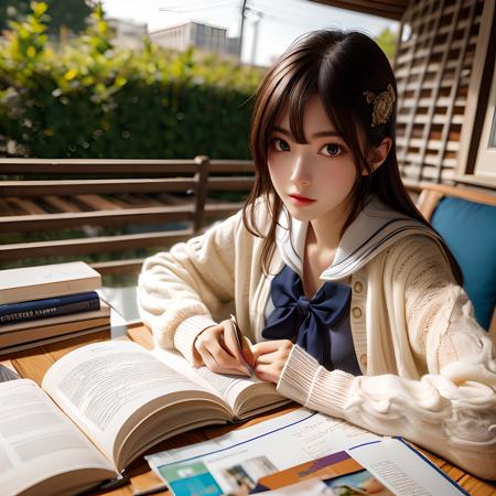 best quality,  ultra detailed 8k cg render,  masterpiece,  high resolution,  extremely detailed,  natural lighting, 
1 girl,  A female student sits outdoors in the garden reading a book, (looking at viewer),<lora:EMS-12225-EMS:-0.400000>,<lora:EMS-257474-EMS:0.800000>