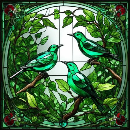emeraldmorph by Otto Pilny natural small gaps  spiritual and scholarly pursuits suggesting a garden or natural setting. The stained glass technique is used to create the realistic appearance of the birds on a leafy branch. There are also decorative elements
