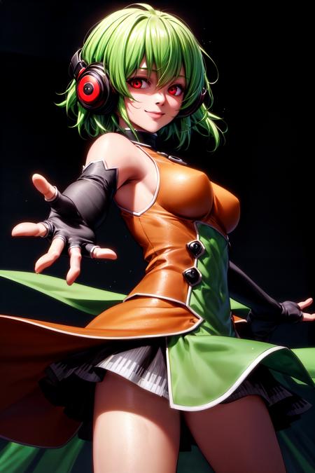 StSFLChan ahoge green hair short hair headphones elbow gloves fingerless gloves knee boots skirt