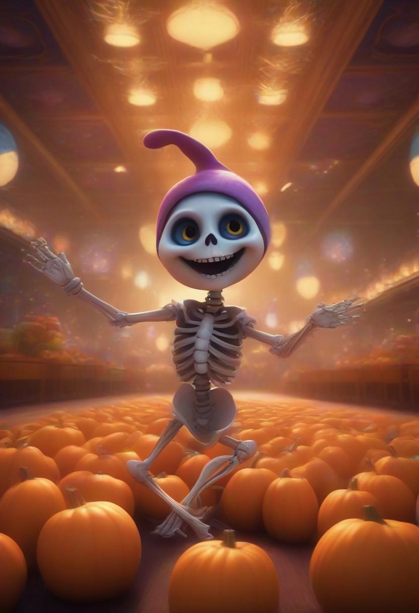 A happy cute, skelington dancing in disco hall, surrounded by pumpkins, Adorable, heart warming, cheerful, detailed, bright colours, friendly expression, small size, shiny, eco-friendly, environmental, sunlight, shadows, digital art, whimsical, playful, intricate details, high resolution, photorealistic, joyful atmosphere, gentle, soft lighting, cartoonish style, enchanting, vivid, appealing, character design, imaginative, family-friendly, [photography, realistic, photorealistic, (8k), (highly detailed), cinematic lighting, intricate details, (high resolution), award-winning,   correct focus, realistic, realistic lighting, (highly detailed),  masterpiece], ((Cinematic Still-Shot))