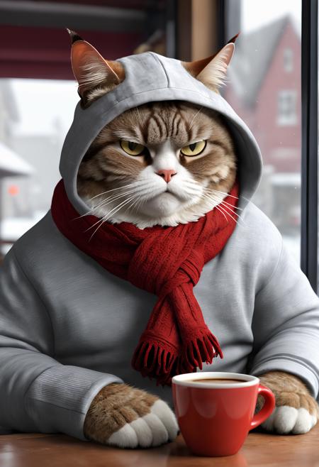 an (anthropomorphic grumpy male cat), sitting in a cafe on a cold snowy morning drinking a (hot cup of steaming coffee), gray hoodie, red and white bar scarf, 8k, extremely_detailed_textures, intense shadows