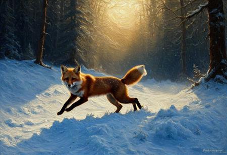 A masterful oil painting capturing a dynamic action shot in the style of a Frazetta masterpiece. A vibrant red fox is frozen mid-pounce in a snowy winter forest. It is captured vertically in the air, about to dive head-first into the deep snow after prey. The low winter sun creates a dramatic chiaroscuro with long shadows, while Aivazovsky-style light beams filter through the frosty trees. The deep snow is a canvas of thick, sculptural impasto brushstrokes. An abstract explosion of painterly snow particles erupts around the fox's snout. The atmosphere is energetic, primal, and breathtakingly beautiful.