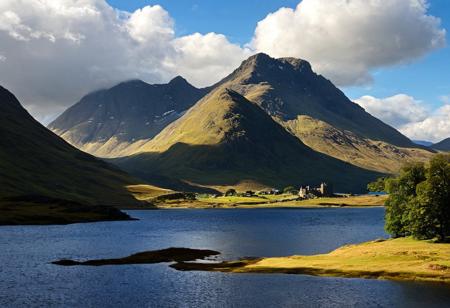 (masterpiece:1.3), subsurface scattering, heavy shadow, (high quality:1.4), (intricate, high detail:1.2),  ambient lighting, atmospheric effects, OverallDetail, blue sky, cloud, day, highlands, landscape, castle, lake, nature, no humans, outdoors, scenery, sky, mountains