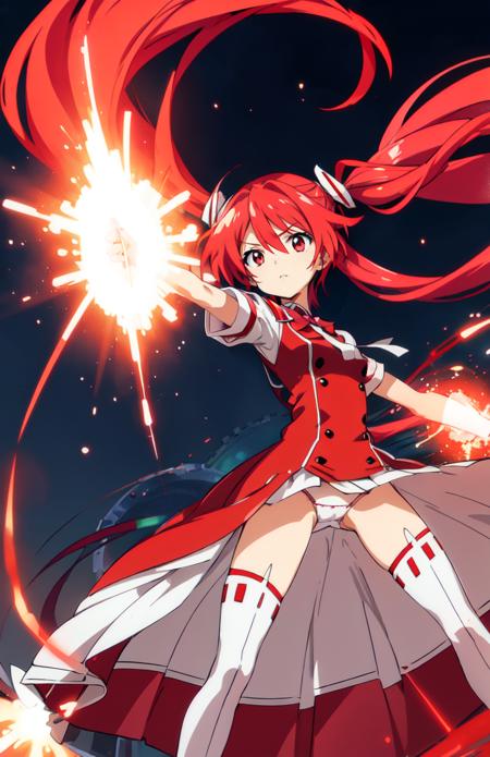 vividred, red eyes, white twintails, long hair, red hair, hair ornament, red bodysuit, red showgirl skirt, white panties, very long skirt, open front skirt, gloves, thighhighs, bow fist, hand on pink energy fist, hand on glowing