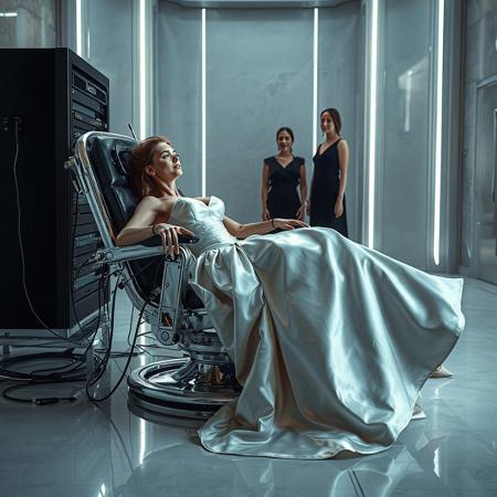 A slender, arrogant  rich norvegian bride, reclined in a polished steel restraint fetish chair, dressed in a luxurious, rich fantasy satin wedding gown with a fitted, boned corset accentuating her ultra-thin waist.and a full, flared skirt, paired with satin high heels, orgasm face. The massive electrodes holding her head pressed to the steel restraint chair headrest,  cabled to a  futuristic superconputer rack. Her hands and ankles are bound to the steel restraint chair   by massive steel restraints,   weird fog from the floor. Two  tall french maids at background. The scene is set in a sterile, empty chamber, with a glossy mother-of-pearl finish, evoking a sense of futuristic dread. Inspired by the cinematic styles of Ridley Scott, Guillermo del Toro, and H.R. Giger, with a blend of sci-fi and horror elements, this full-body portrait is a masterpiece of cinematic storytelling, shot on a virtual v-raptor XL camera, with a warm, film-grained aesthetic, subtle vignette, and rich color grading, reminiscent of 35mm film, with dramatic, atmospheric lighting, inviting the viewer to immerse themselves in this epic, stunning scene.