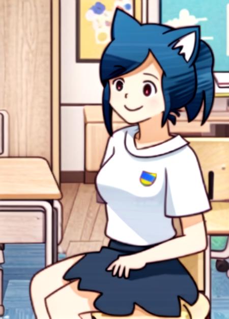 1girl,small_breast,school,classroom,smile,sit,
 <lora:kiyofanboxanifull-08:1> <lora:nicole_w_anime:0.8> nicole_w_anime, cat girl, blue hair, red eyes, cat ears, cat tail, white shirt, skirt