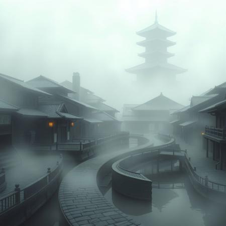 A liminal space in Kirigakure, the Hidden Mist Village, exactly as seen in Naruto. Thick fog blankets the village, obscuring the towering buildings with their curved, sloping rooftops. The stone-paved streets wind through the mist, lined with wooden bridges and canals that reflect the dim, diffused light. The iconic Mizukage’s tower looms in the background, its silhouette barely visible through the haze.
The village is completely empty—no shinobi, no villagers, only the sound of water gently lapping against the docks. The mist swirls in the silence, creating the unsettling feeling that something should be here, but isn’t. The air is heavy with moisture, the atmosphere both serene and eerie. Kirigakure feels suspended in time, as if the village exists between the past and the present, waiting for someone to return.