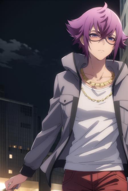 yuuyamirokuji, <lora:yuuya mirokuji s1-lora-nochekaiser:1>,
yuuya mirokuji, purple hair, male focus, sunglasses,
BREAK necklace, chain, jacket, grey jacket, pants, red pants, shirt, white shirt,
BREAK outdoor, city, night, sky, buildings, moon, clouds,
BREAK looking at viewer, (cowboy shot:1.5),
BREAK <lyco:GoodHands-beta2:1>, (masterpiece:1.2), best quality, high resolution, unity 8k wallpaper, (illustration:0.8), (beautiful detailed eyes:1.6), extremely detailed face, perfect lighting, extremely detailed CG, (perfect hands, perfect anatomy),