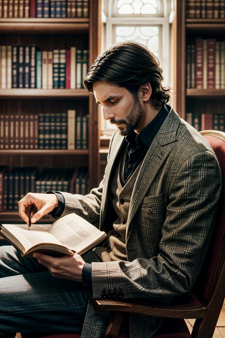 ((masterpiece, best quality))
<lora:add_detail:0.8>
<lora:AWAlan:0.8>
AWAlan, 1boy, solo, facial hair, black hair, In a cozy, well-lit library, reading a book while dressed in classic, refined attire