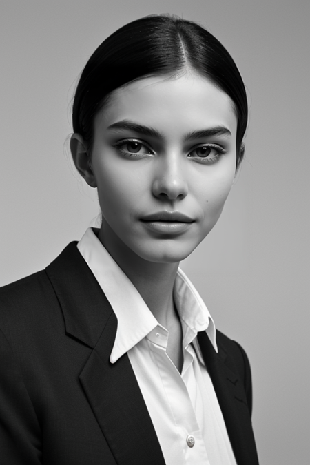 DanielaFermo, ((1940s photograph, upper body, portrait, wartime tailored suit or A-line dress, classic 1940s makeup, elegant backdrop, black and white film, Rolleiflex )), 80mm f/2.8, 1/30s, ISO 200, ((timeless elegance))