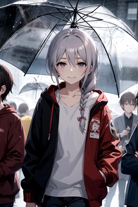 <lora:SyokoHoshi-04:0.7> , syokoimas, looking at viewer, smile, shirt, holding, collarbone, jacket, braid, outdoors, multiple boys, solo focus, hood, single braid, hoodie, umbrella, formal, hood down, suit, side braid, faceless, rain, holding umbrella, transparent, transparent umbrella