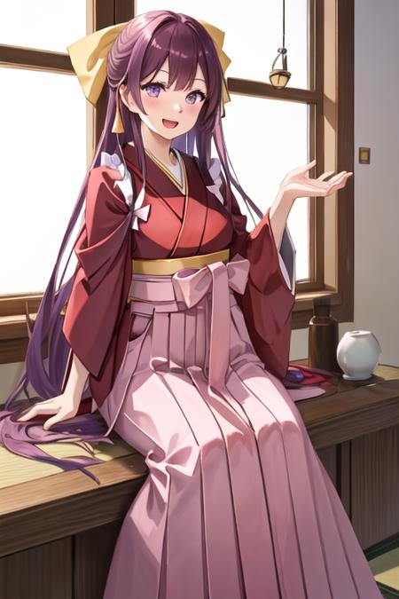 best quality, masterpiece, highres, solo, {kamikaze_kantaicollection:1.15}, long_hair, purple_hair, bow, hair_bow, purple_eyes, yellow_bow, hakama, pink_hakama, smile, tasuki, 1girl, japanese_clothes, kimono, looking_at_viewer, meiji_schoolgirl_uniform, upper_body, open_mouth, :d, red_kimono