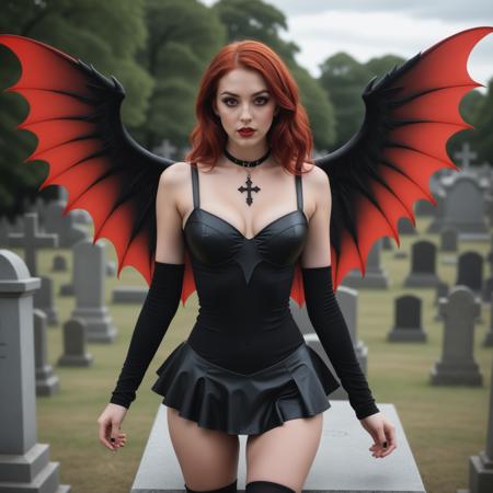 Create a color photo of a beautiful girl with red hair and large red and black succubus wings, hands on the hips. She wears a spandex shirt, black mini skirt and a black cross leather necklace, with medium-sized breasts and striking red eyes. walking in the middle of a cemetery full off gravestones. The image should feature high contrast and sharp quality, with a simple, linear style and a low-detail, 2-bit aesthetic. The artwork should reflect gothic themes inspired by H.P. Lovecraft and Arthur Rackham, giving it a distinctive ink-on-paper look
