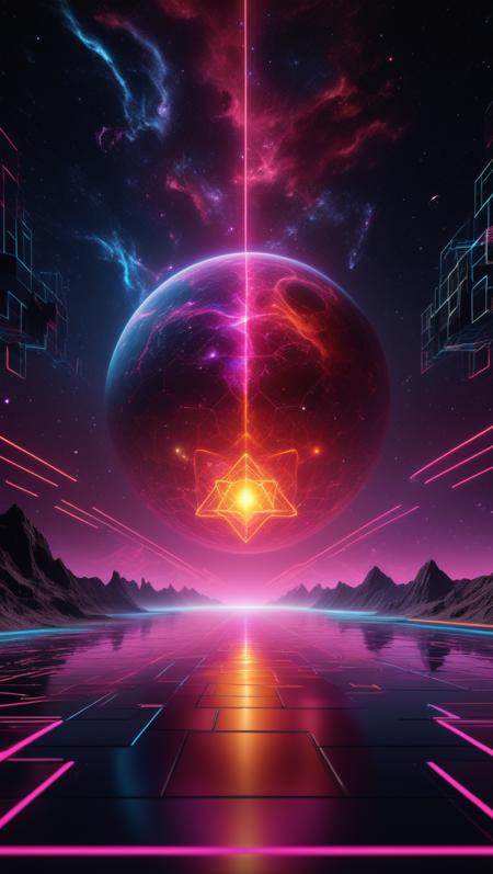 realistic raytracing, (epic 3D glowing 80s TRON landscape), psychedelic starry sky wireframe fractals, LSD, fractal star patterns fill a dark night sky, red, orange, yellow, pink <lora:more_details:1> <lora:CyberPunkAI:1>  <lora:breastsizeslideroffset:0.2>