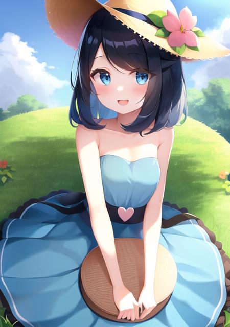 <lora:liko:0.5>,liko, 1girl, blush, smile, open mouth, bangs, blue eyes, black hair, hat, dress, bare shoulders, flower, :d, heart, outdoors, sky, day, tongue, cloud, medium hair, eyelashes, pokemon (creature), strapless, blue dress, sunglasses, strapless dress, sun hat, brown headwear, hat flower, eyewear on headwear