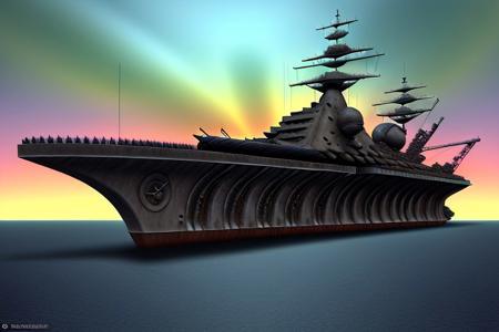 a space pirate battleship among the ruins of an advanced, futuristic city