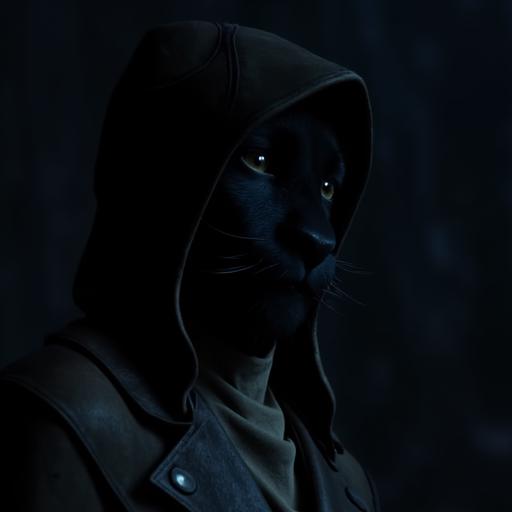 giving a sense of alertness and intensity. the creature wears a hooded cloak that is made of a dark, specifically a hooded cloak with a pointed hood, leaving only the face exposed., and the tunic beneath it is a darker shade, dark material that casts deep shadows, dark, is dressed in a hooded cloak and tunic, casting long, the image is a cinematic