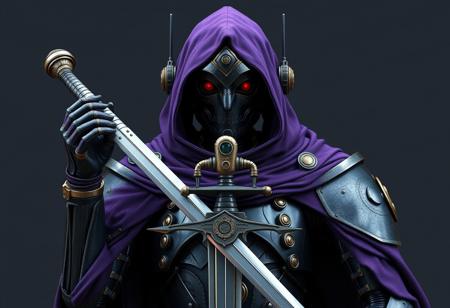 Create a highly detailed, 8k panorama shot of a dieselpunk robot, inspired by Charles Fremont Conner's style, wearing a full-body purple cloak and heavy armor, with a refined face and muzzle, holding a sword. Incorporate dark paint and design elements reminiscent of Alphonse Mucha's art nouveau style, using Unreal Engine. Ensure the image is symmetrical and features the robot in a powerful, warrior-like pose.