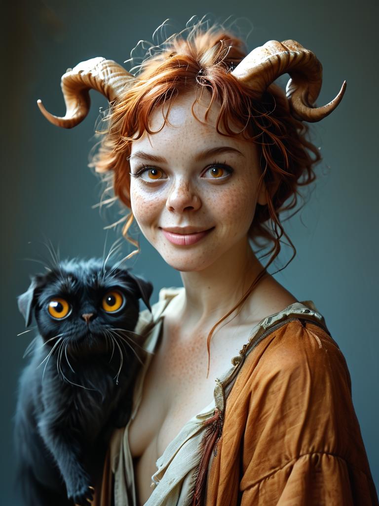 score_9, score_8_up, score_7_up, source_photo, (realistic:1.4), photorealistic, fantasy, medieval, 1girl, solo, wizard, ginger hair, short hair, straight hair, evil smile, black and red sigils, robe with sigils, runes, glowing eyes, tiefling, horns, with her pet monsters all around her, <lora:FantasyTiefling:1>, <lora:woman_and_her_monster:1.4>