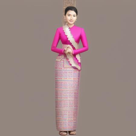 mmTD burmese patterned traditional dress pearl necklaces and gold bracelets black single bun hair with flower holding a cheroot cigar