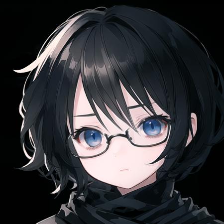 (masterpiece, best quality), <lyco:[LoHa]style-onineko v2:0.8>
style_onineko, quality_best, chibi, close-up, portrait, looking at viewer, 1boy, short hair, black hair, blue eyes, black-framed eyewear, expressionless, closed mouth, black scarf, black background