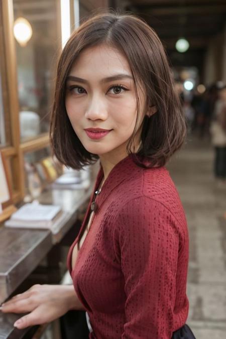 masterpiece, best quality, 1girl, purple eyes, yellow eyes, gradient eyes, black hair, long hair, long eyelash, medium breasts, 
portrait, depth of field, in hall, golden time, tan skin, {smirk|smile|parted lips}, (jawline, strong jawline), view from side, Messy hair, red dress, cleavage