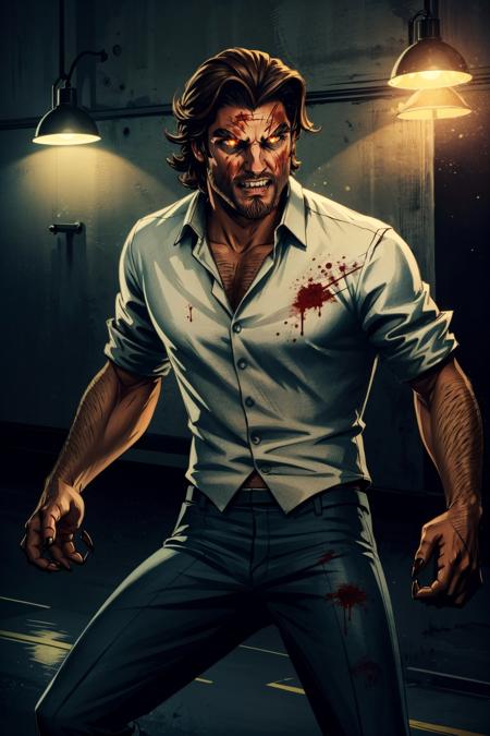 <lora:bigby-07a:0.55>, bigbyTWAS_soul3142, male focus, facial hair, shirt, pants, blood, sharp teeth, glowing eyes, claws,