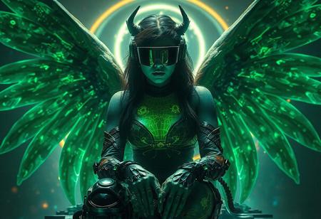 In a highly detailed, golden ratio composition, an epic Cyber Angel Dakini sits on a Hologram Projection, wearing dark visors. The official render showcases deep green details, complemented by a cybertruck and ink blot. The scene, akin to "Oh Lawd He Coming," is enhanced with a beautiful picture of a stray, executed in a photoshoppainting style. The image, sharp and vivid as a gigapixel, features an ammo bandolier and a corrected hand. The promotional render, presented in 4K HD, showcases a captivating blue-eyed gaze. The artwork is further enhanced with a sharp focus, evocative of a high-definition cinematic experience, and detailed intricate elements reminiscent of renowned artists like Beksinski, Takato Yamamoto, Marc Simonetti, and Nathan Walsh, ultimately culminating in a true masterpiece.