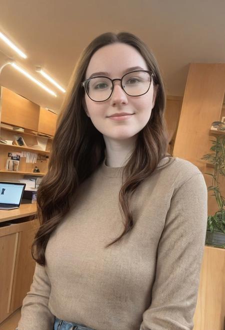 instagram photo, photo of 18 y.o cute sexual virgin girl young face, geek innocent, name Chloe in nude,naked. huge gigantic breasts, very low cleavage make her tits topless, huge saggy jugs, very wide thick hair, pale skin, (smile:0.4), natural indoor light, braless, glasses