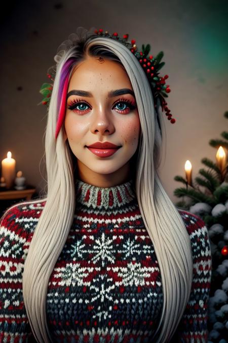 christmassweater, Masterpiece, 1female, detailed, realistic photo, portrait, face focus, close up, European, female, red lips, gentle smile, 28 years old, realistic high detailed face, natural eyes, anatomic correct bodies, lots of detail, colorful, hdr, strong, mature female, beautiful, cinematic, elegant, hyperrealistic, hyperrealism, Christmas sweater, colorful sweater, garden, winter, Christmas tree, Christmas decorations, Christmas, hands hidden, hands out of view, Roxy_Citron_OC,  1girl, solo, red eyes, white hair, rainbow hair, long hair, streaked hair, hair between eyes.