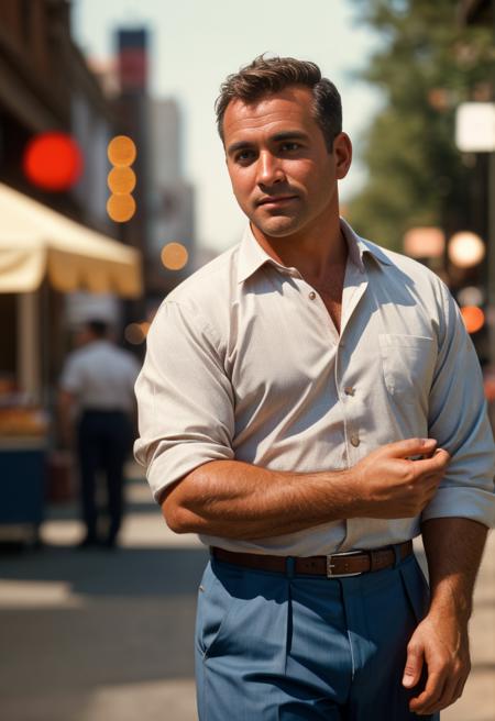 (solo, male), kodachrome photograph of a 45yo businessman, 1960s, (sharp focus, skin texture, bokeh),