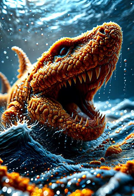 UHD Photoquality Image, 8K, Unreal Engine Render, hyper-detailed, hyper-realistic, super high resolution,
A colossal Megalodon with a body covered in golden, deep-fried crispy breading instead of ordinary shark skin,
floating menacingly in crystal-clear ocean water with rays of sunlight piercing from above,
intricate crunchy textures and flecks of batter layering each scale,
breaching near the surface with jaws wide open, revealing glints of sharp teeth,
dramatic lighting, photorealistic water droplets and splashes,
cinematic composition, maximum detail, high dynamic range, perfect clarity, 
rendered in Unreal Engine style, vibrant, epic, awe-inspiring.