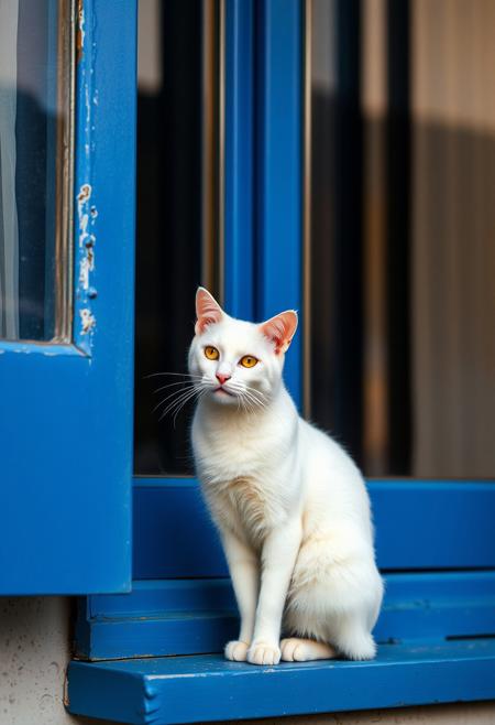 (Soft Lighting Photography by Mimoza Veliu and Mario Giacomelli:1.2), NSFW, a cat sitting besides the window, The window frame painted in a matching blue with subtle metallic highlights, adds depth and balance to the composition. The overall aesthetic is simple yet impactful, emphasizing the contrast between the vivid blue and the clean, soft white of the cat, creating a visually captivating and serene atmosphere, a minimalistic and striking scene.