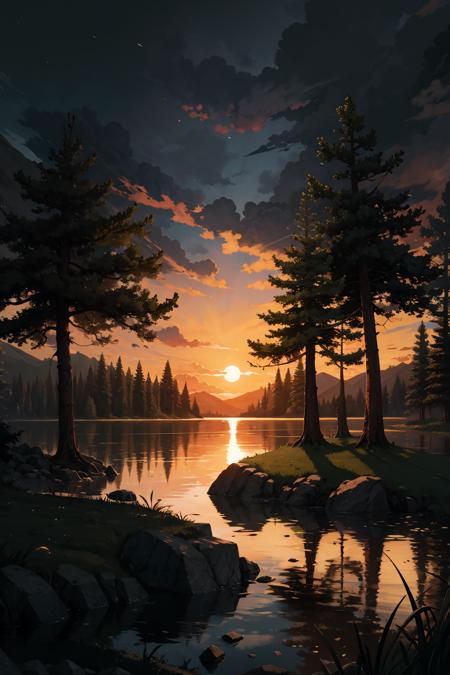 (highres,absurdres,incredibly absurdres,huge filesize,Volumetric Lighting,moody lighting),
Forest, lake, evening, sun,