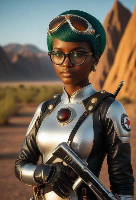 masterpiece,best quality, highly detailed, RetroBG ,score_9, score_8_up, score_7_up, score_6_up, source_cartoon,
 BREAK
1girl, 18 years old, cute, pretty kawaii girl, dark skinned,  green eyes, silver/red hair, short pixie cut, Obsidian Jade glasses, perfect figure, young face, embarrassed, blushing, retro white military spacesuit, made_of_bubbles, ensign insignia, military brooch, shrug (clothing), holding old flintlock pistol , bubble speech text:"Huston, send some Buzz..."
BREAK
alien planet setting,  high temperature, boiling bubbles,
obsidian jade mountains in far background ,
 BREAK
dynamic light, warm_light, vibrant colors warm_colors, soft focus, textured surfaces, depth of field, golden hour lighting, dramatic shadows, rich details, nature-inspired color palette, playful composition.
