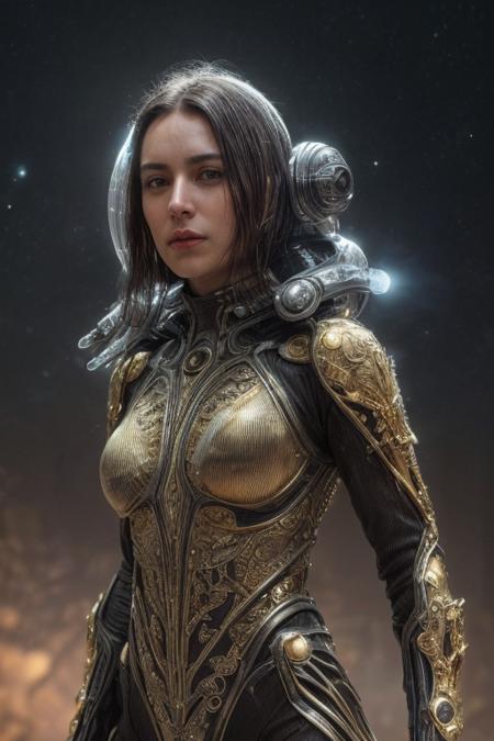 Raw Photo of planetary explorer of harsh alien worlds, wearing transparent, ((translucent), gold filigree biomechanical suit, gold filigree gloves, ((light bokeh)), intricate, elegant, sharp focus, soft lighting, vibrant colors, masterpiece, detailed face, intricate details, cinematic shot on Nikon z9 mirrorless camera, ultra realistic, (art by Darek Zabrocki and Giger and Cedric Peyravernay),  (detailed exterior sci-fi environment :1.4), Dystopian, photorealistic, epic, highly detailed eyes, eyes are identical and symmetrical  <lora:more_details:0.9> ((eye contact)), looking at viewer