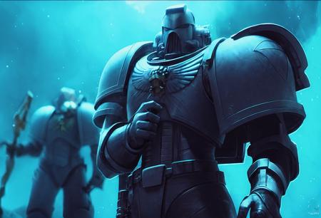 signature, blue theme, monochrome, blurry, dark, power suit (metroid), helmet, armor, weapon, 2boy, artist name, looking at another, size difference, glowing, depth of field, realistic, solo, underwater, black background, clawsWarhammer 40KSpace Marines, Emperor's Angels of Death, Adeptus Astartes, <lora:Warhammer 40K-000015:1>